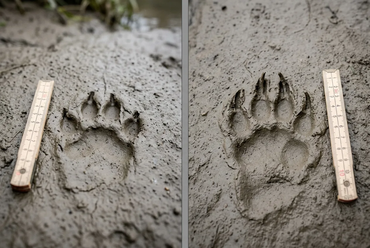 Comparação lado a lado na lama: pegada de lontra sem marca de unha à esquerda, pegada de texugo com garras longas bem à frente dos dedos à direita
