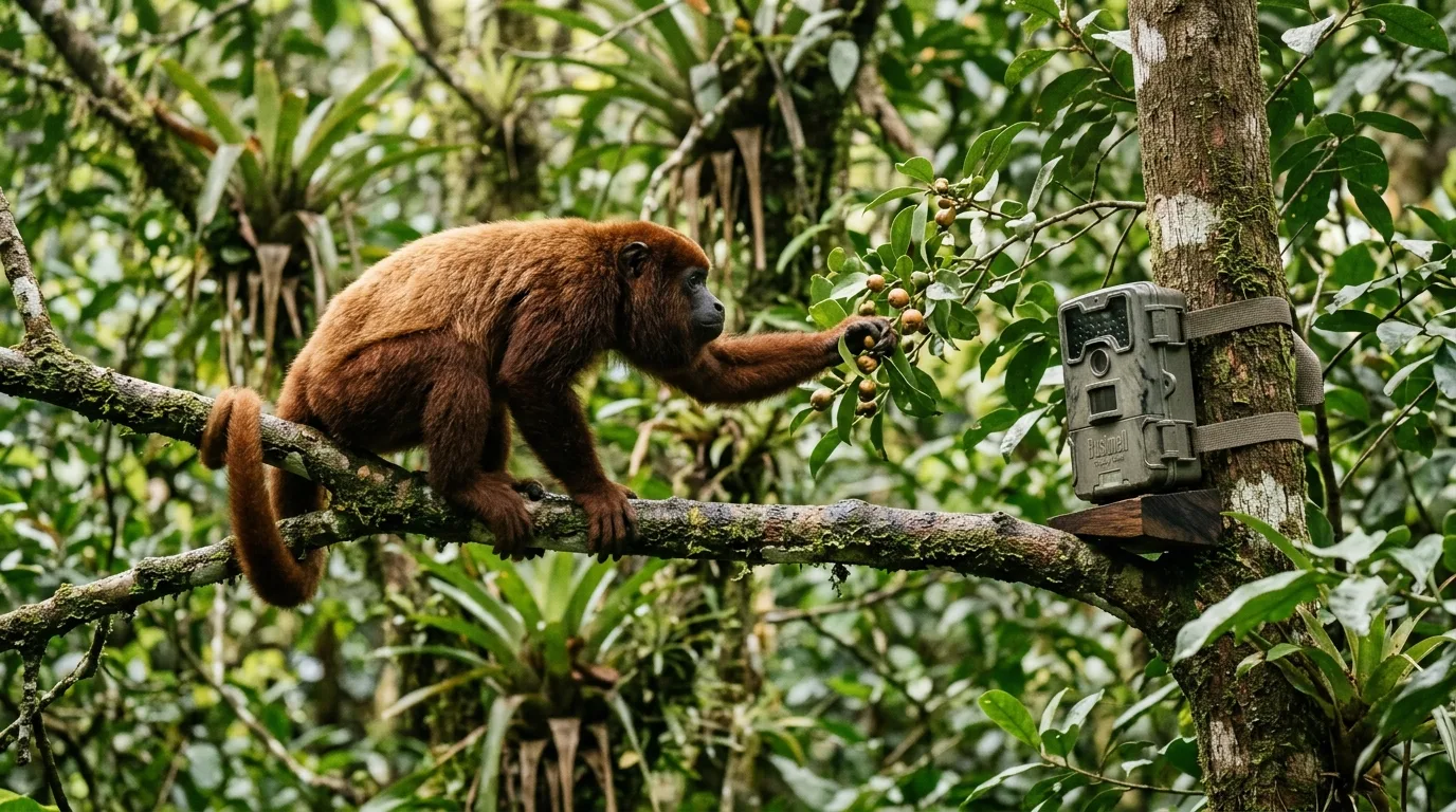 Um bugio-marrom pendurado por sua cauda preênsil no alto do dossel de uma floresta tropical, filmado por uma câmera de armadilhagem arbórea presa a um galho próximo