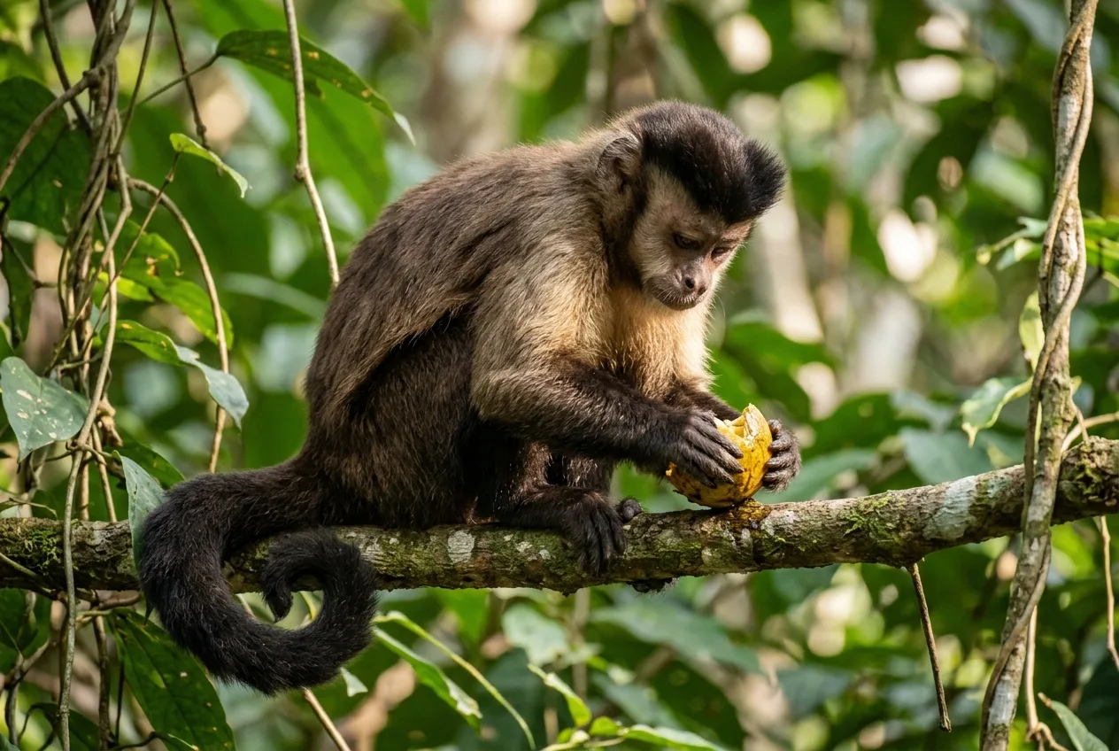 Um macaco-prego com topete manipulando um fruto sobre um galho grosso, fotografado de perfil na luz do dossel