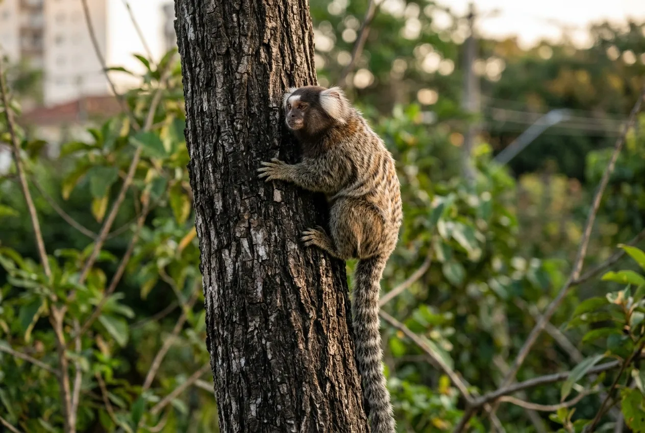 Um pequeno sagui agarrado verticalmente ao tronco de uma árvore, com as garras características visíveis, em uma clareira urbana de Mata Atlântica