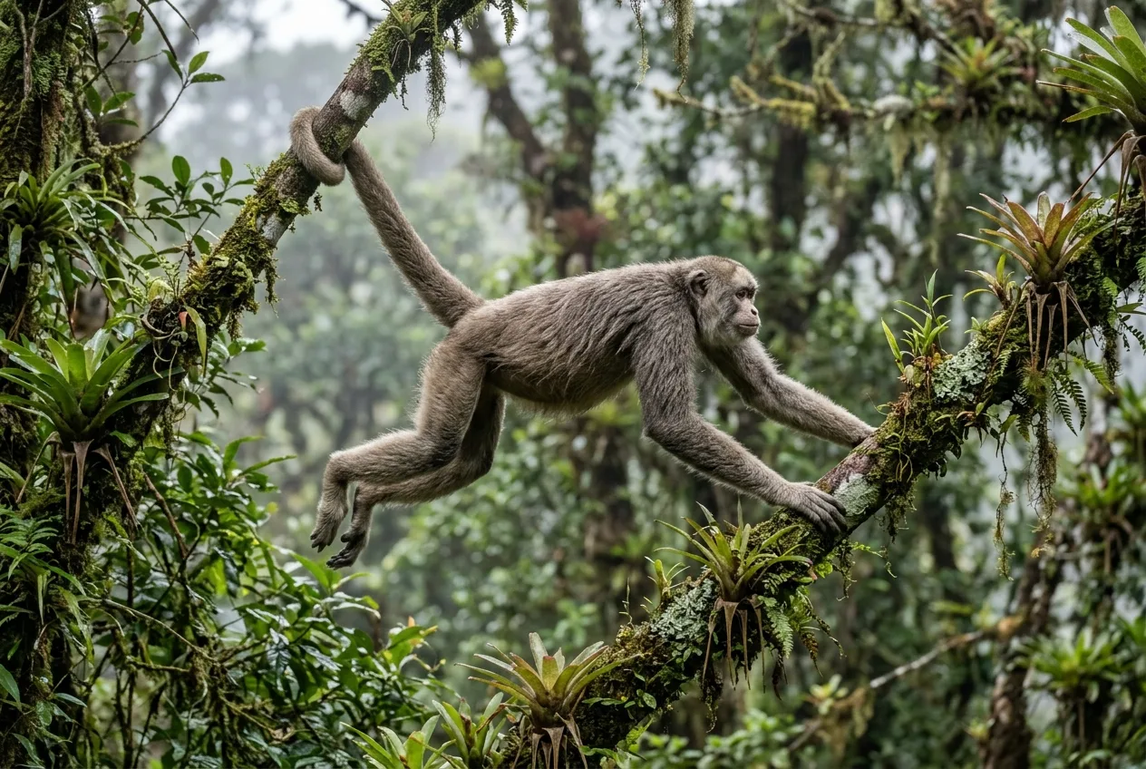 Um muriqui de grande porte deslocando-se entre galhos usando a cauda preênsil, em floresta densa de altitude