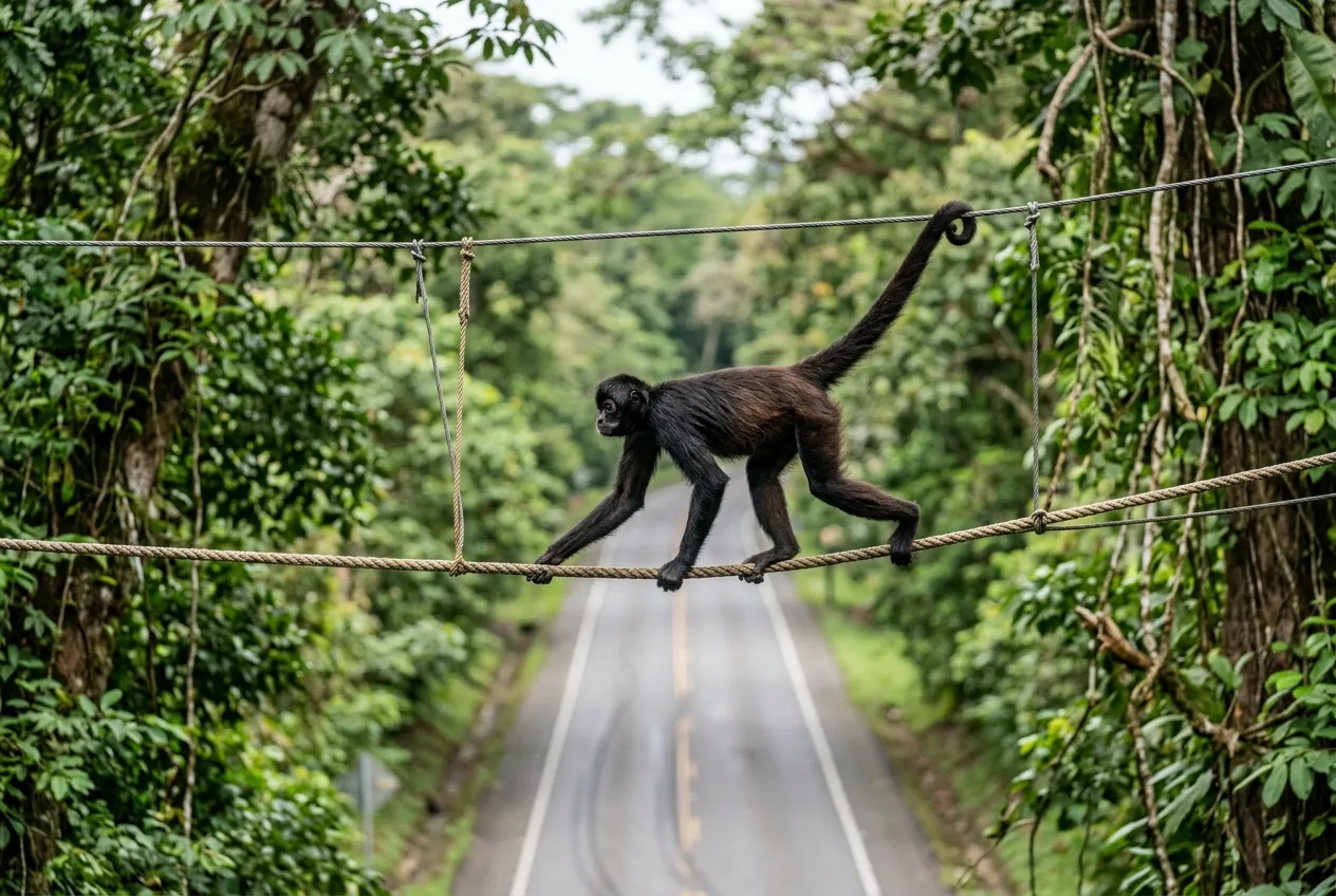 Um macaco-aranha atravessando uma ponte de corda suspensa sobre uma rodovia que corta a floresta, flagrado por uma câmera de fauna instalada no ponto de travessia