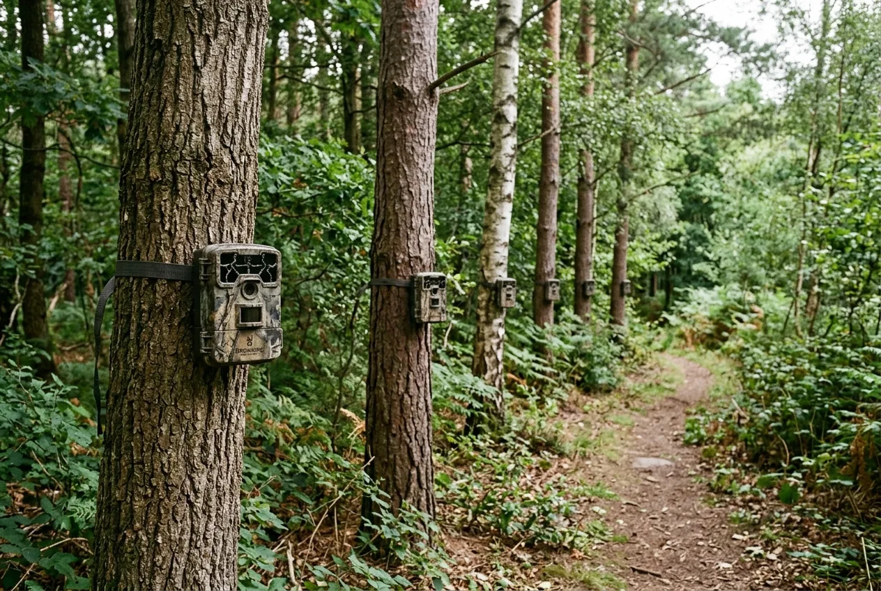 Uma fileira de armadilhas fotográficas montadas ao longo de um transecto da floresta