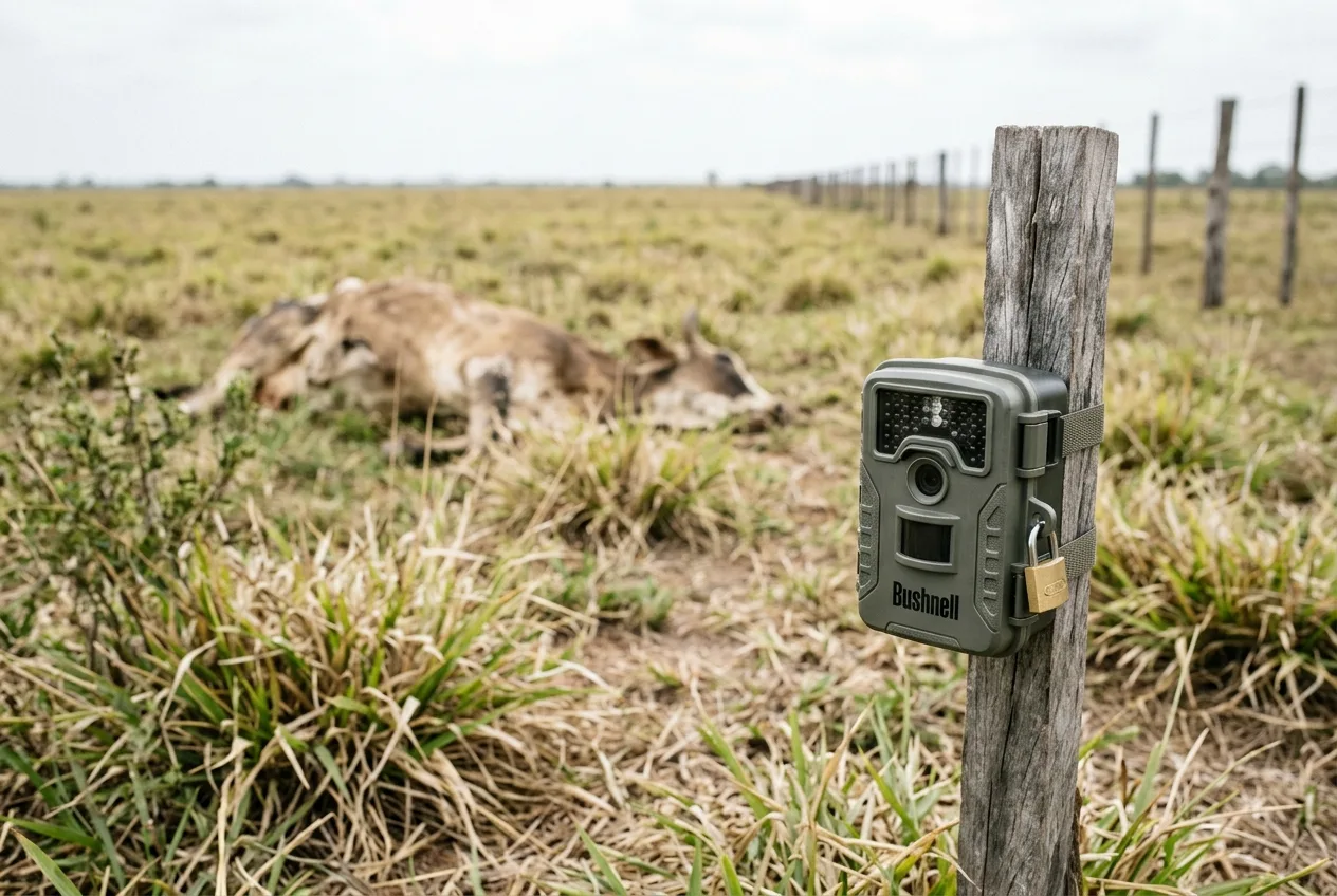Câmera de fauna instalada ao lado de uma carcaça de gado no pasto, pronta para flagrar o predador que retorna à noite
