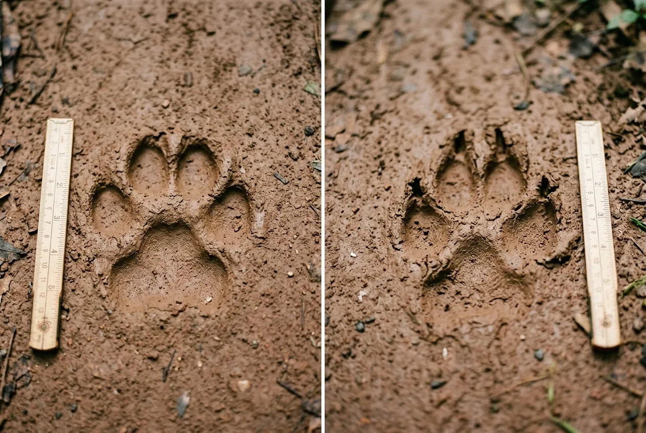 Pegada de onça sem marca de garra ao lado de pegada de cachorro com unhas visíveis, lado a lado na lama