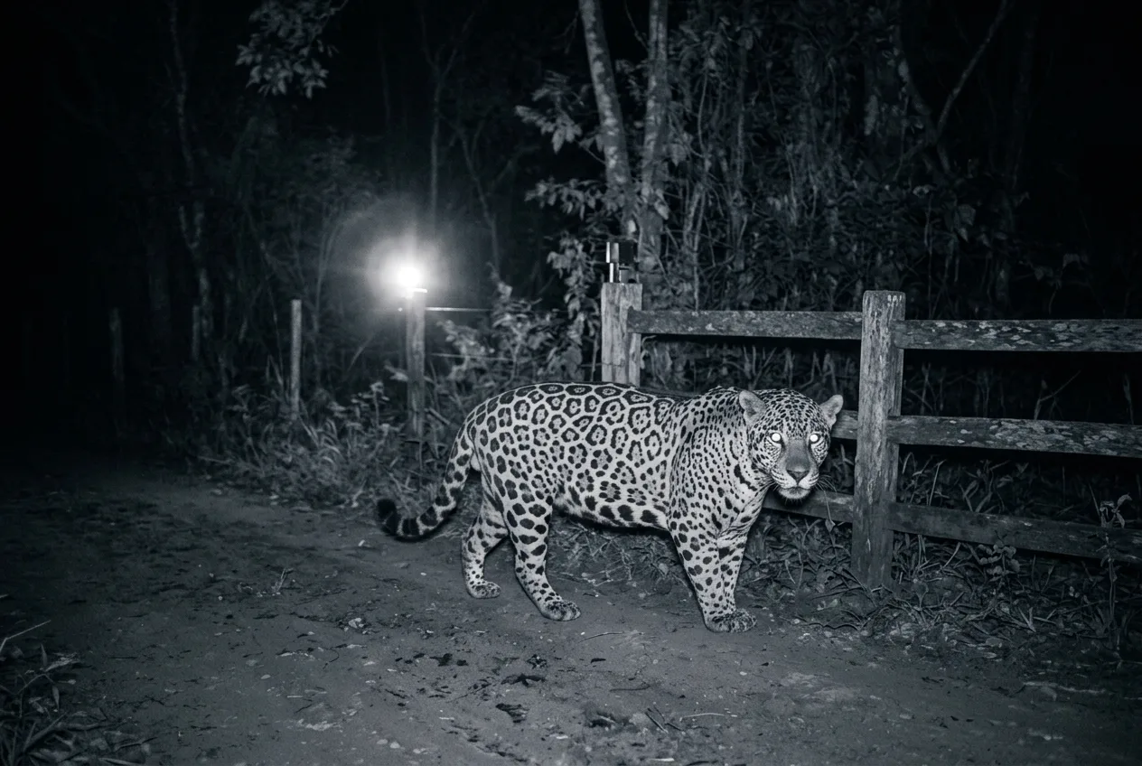 Onça-pintada flagrada à noite por câmera de fauna cruzando perto de um curral iluminado por luz pisca-pisca dissuasora