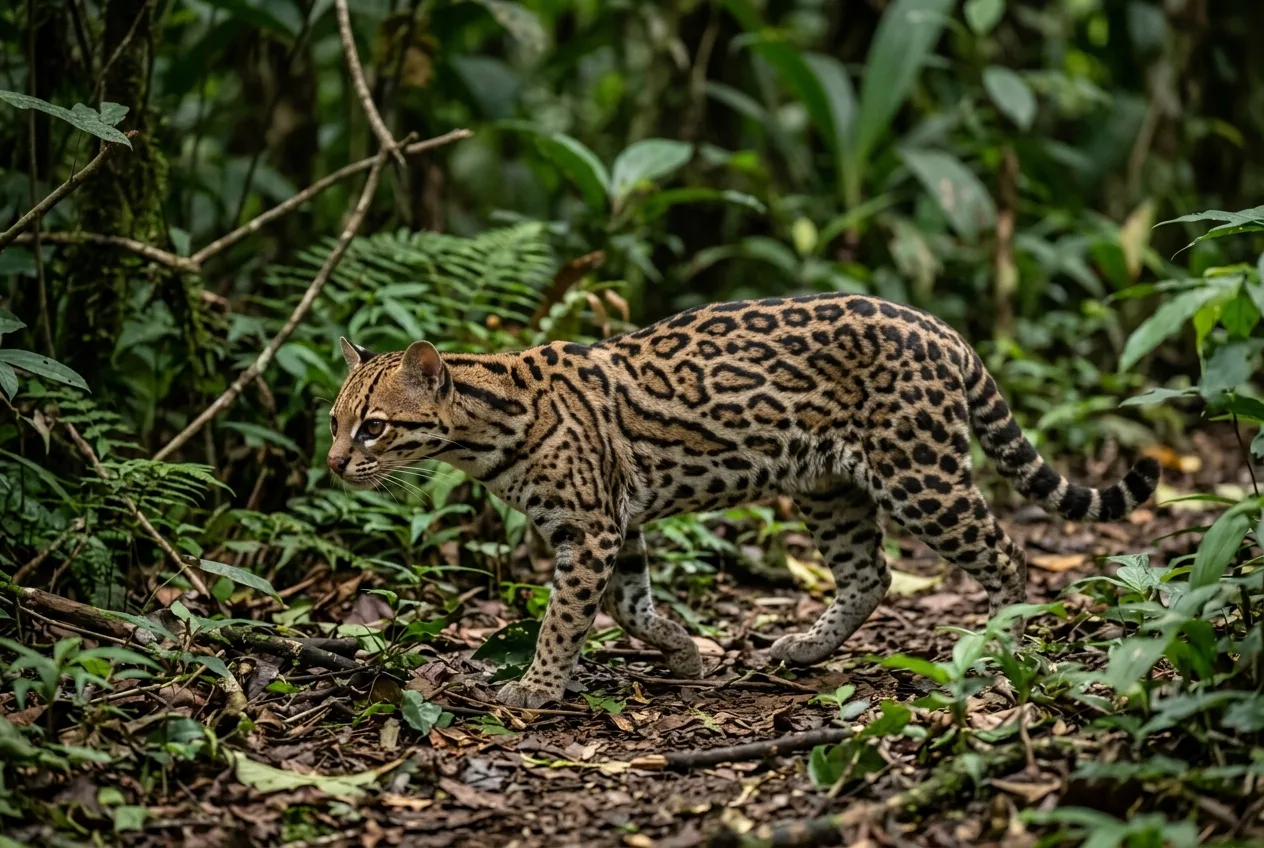 Uma jaguatirica na floresta mostrando as manchas alongadas e rosetas abertas que se encadeiam formando faixas oblíquas nos flancos