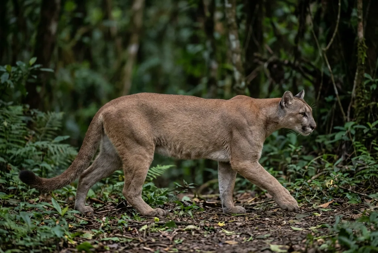 Uma onça-parda de cor leonada uniforme e sem manchas caminhando na floresta neotropical, com a cabeça pequena e arredondada e a cauda longa