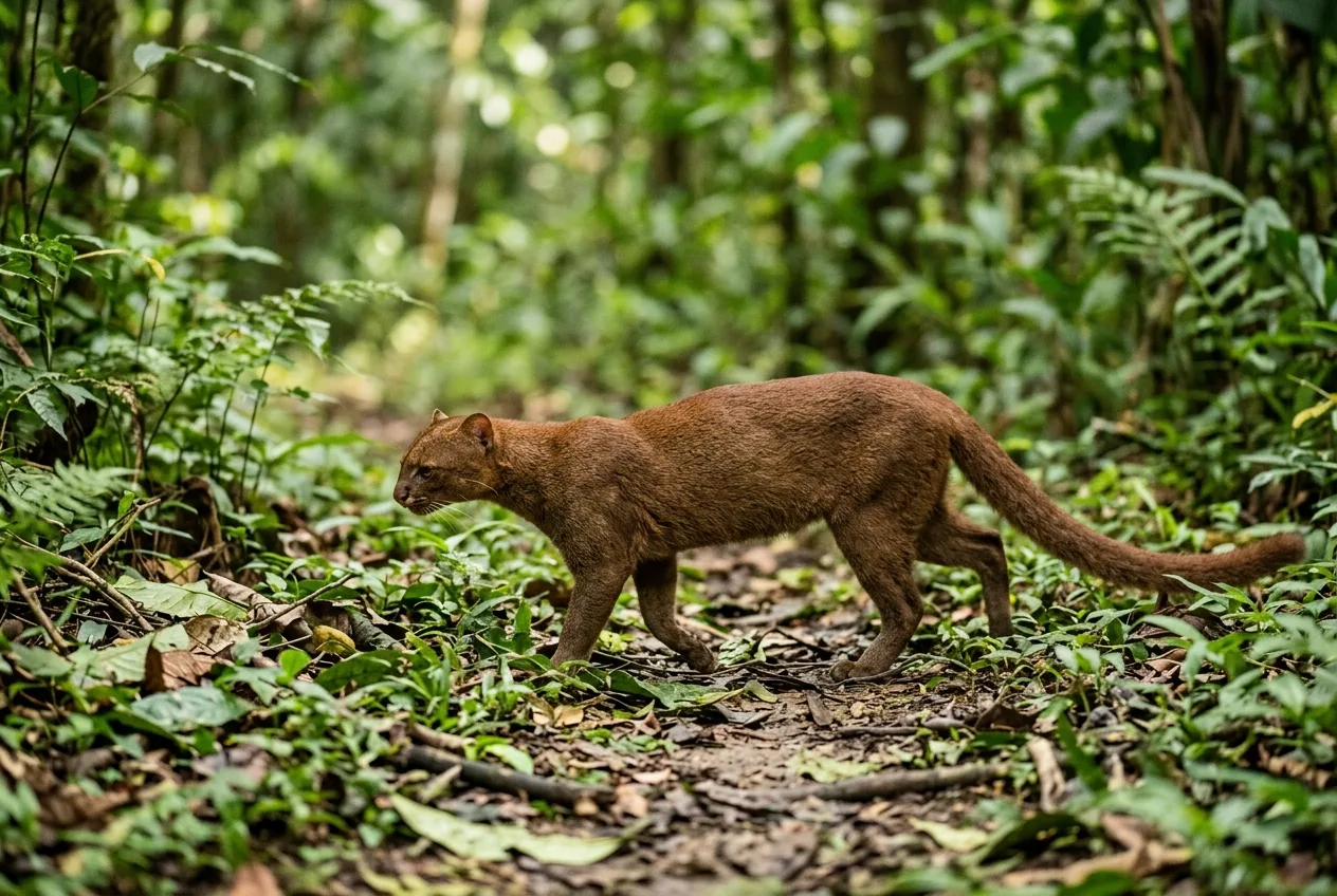Um gato-mourisco de cor lisa, corpo baixo e alongado, patas curtas, cabeça pequena e cauda muito longa, cruzando o chão da floresta de dia