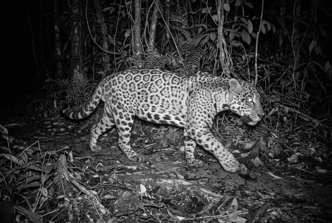Uma onça-pintada capturada de noite por uma câmera de fauna, olhos brilhando em infravermelho ao cruzar a trilha