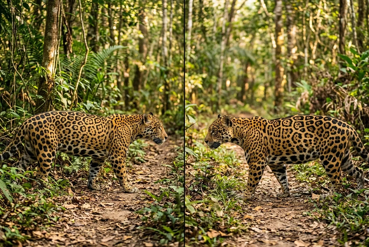 Comparação lado a lado de duas fotos de onça-pintada mostrando o padrão único de rosetas em cada flanco, usado para reconhecer indivíduos