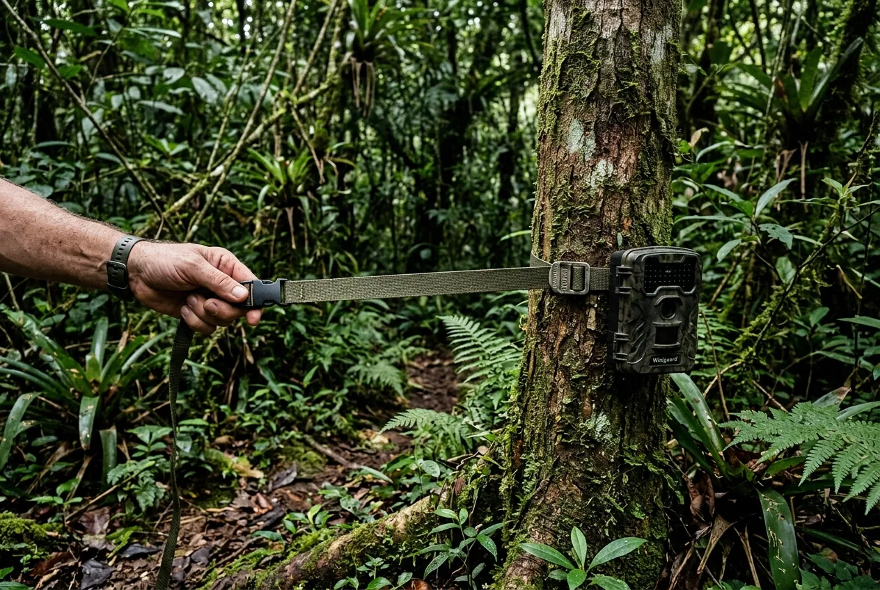 Uma mão fixando uma câmera de fauna na altura do joelho a um tronco em meio à densa Mata Atlântica