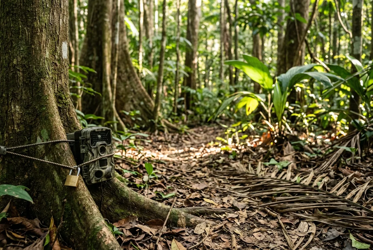 Câmera de fauna instalada bem baixa, a cerca de 25 centímetros do chão, em uma árvore na Amazônia de terra firme