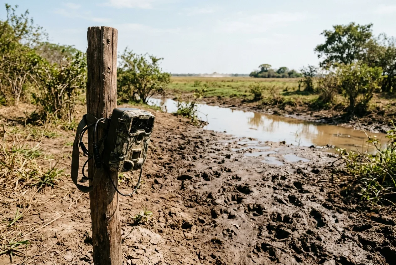 Câmera de fauna montada na margem de um corixo no Pantanal, próxima à água, na estação seca