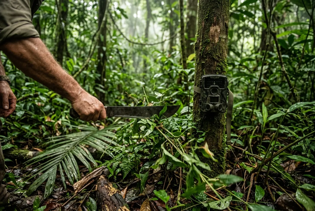 Uma pessoa limpando com facão uma pequena área de vegetação em frente a uma câmera de fauna na Amazônia