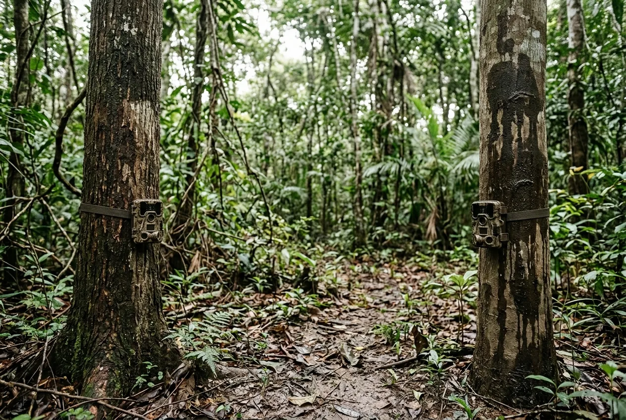 Duas câmeras de fauna voltadas uma para a outra em um trecho de floresta alagável de várzea na Amazônia