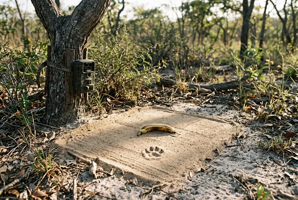 Uma armadilha de areia com pegadas de mamífero visível ao lado de uma câmera de fauna instalada no Cerrado