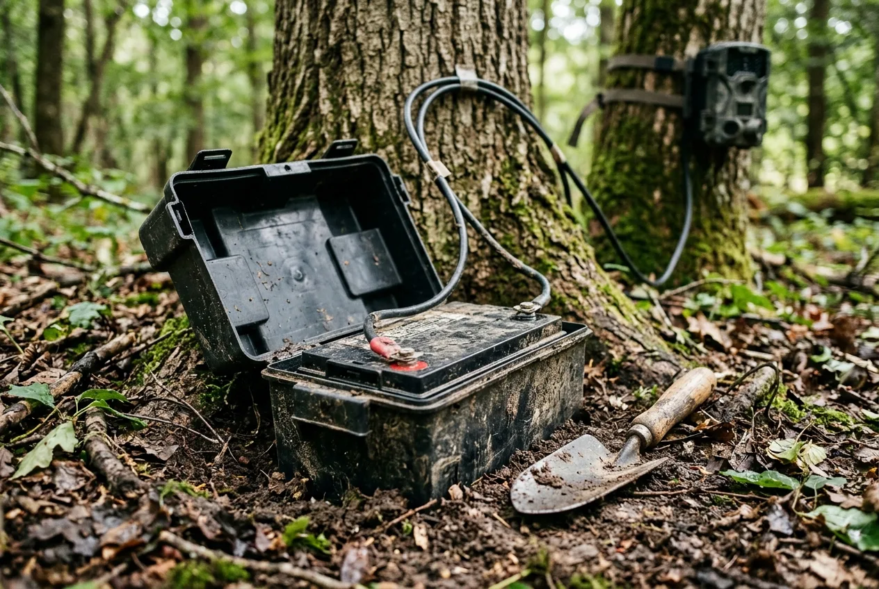 Uma caixa de bateria externa de 12 volts parcialmente enterrada ao pé de uma árvore, cabo conectado a uma câmera de fauna acima