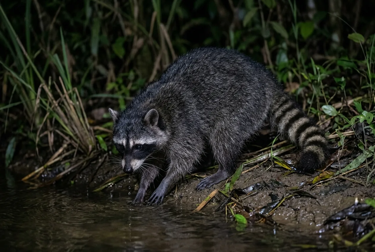 Mão-pelada de máscara escura ao redor dos olhos e cauda anelada e encaracolada, forrageando à noite perto da água