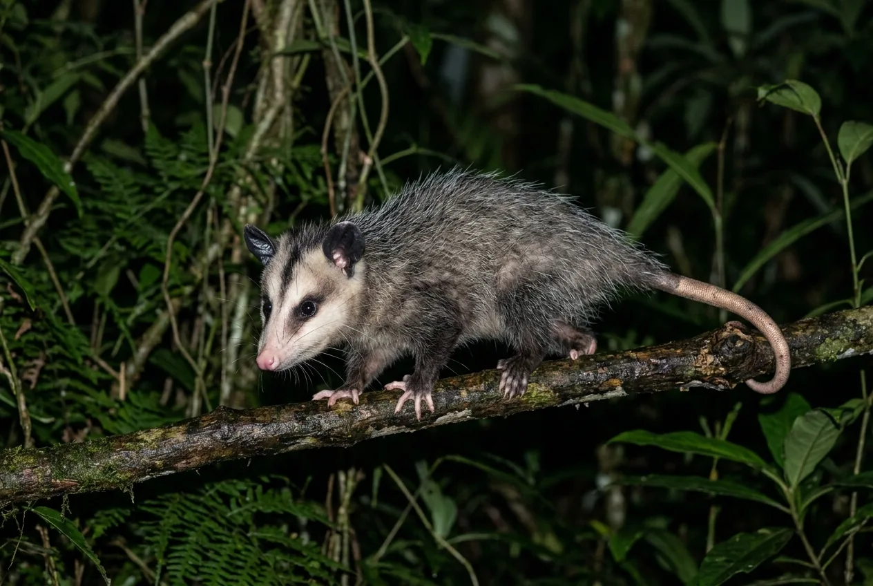 Gambá de orelhas grandes e nuas, focinho claro e pontudo e cauda longa, pelada e escamosa enrolada em um galho à noite