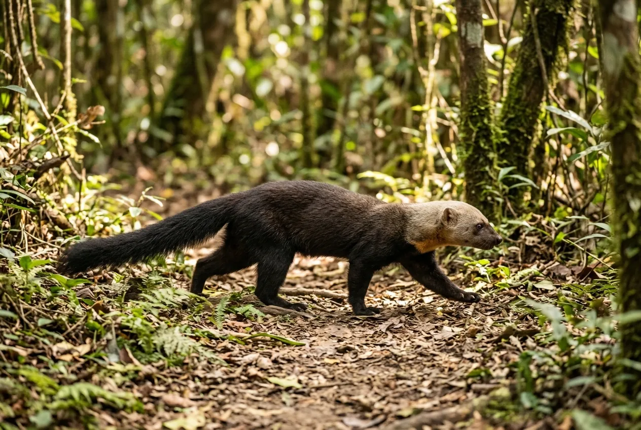 Irara de corpo esguio e escuro com a cabeça e a nuca claras, deslizando por uma trilha de floresta durante o dia