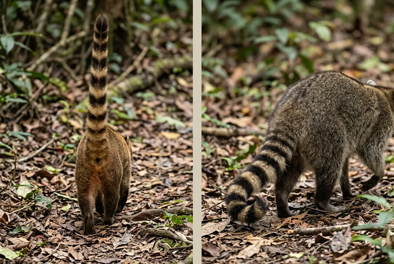 Comparação lado a lado da cauda anelada e empinada do quati e da cauda anelada e encaracolada do mão-pelada