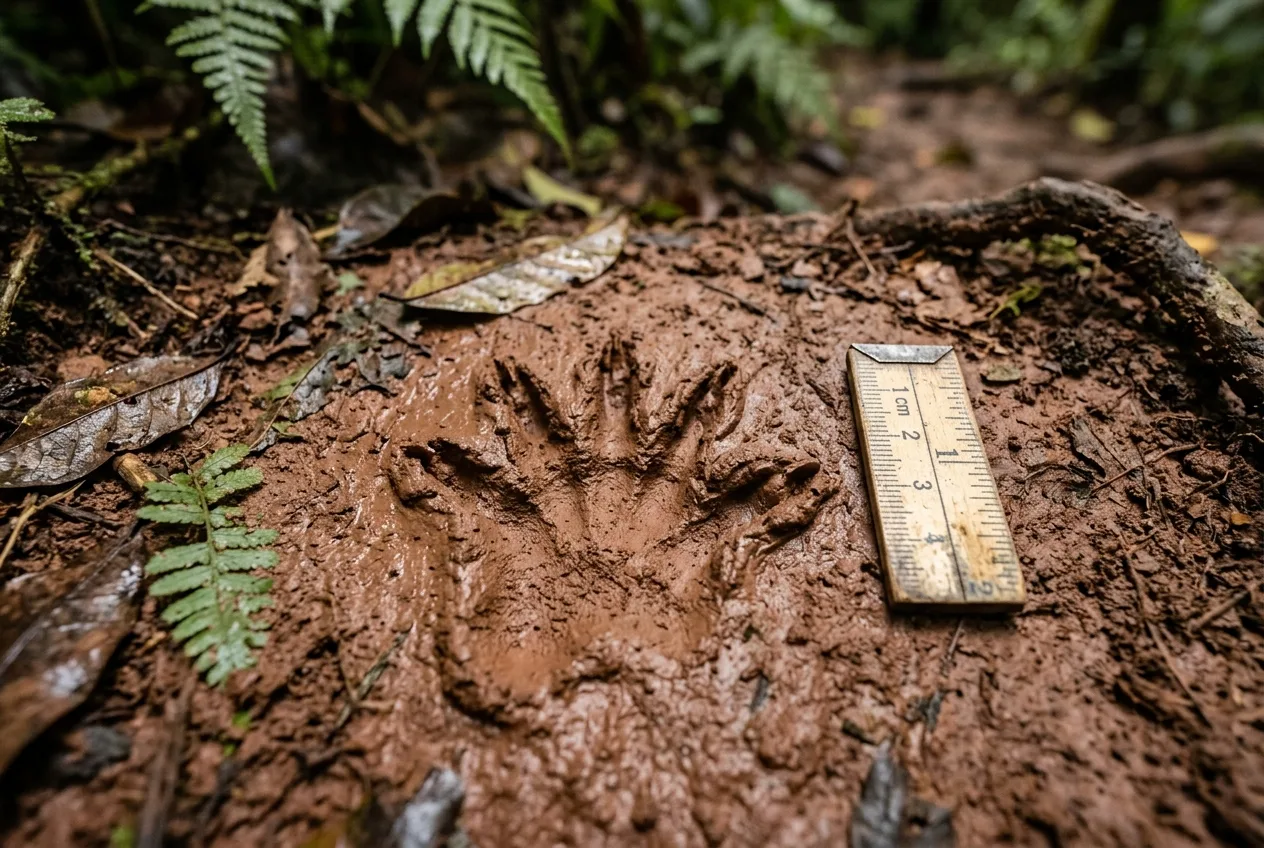 Pegada dianteira de gambá com os dedos abertos em forma de estrela, todos com marca de garra, na lama úmida
