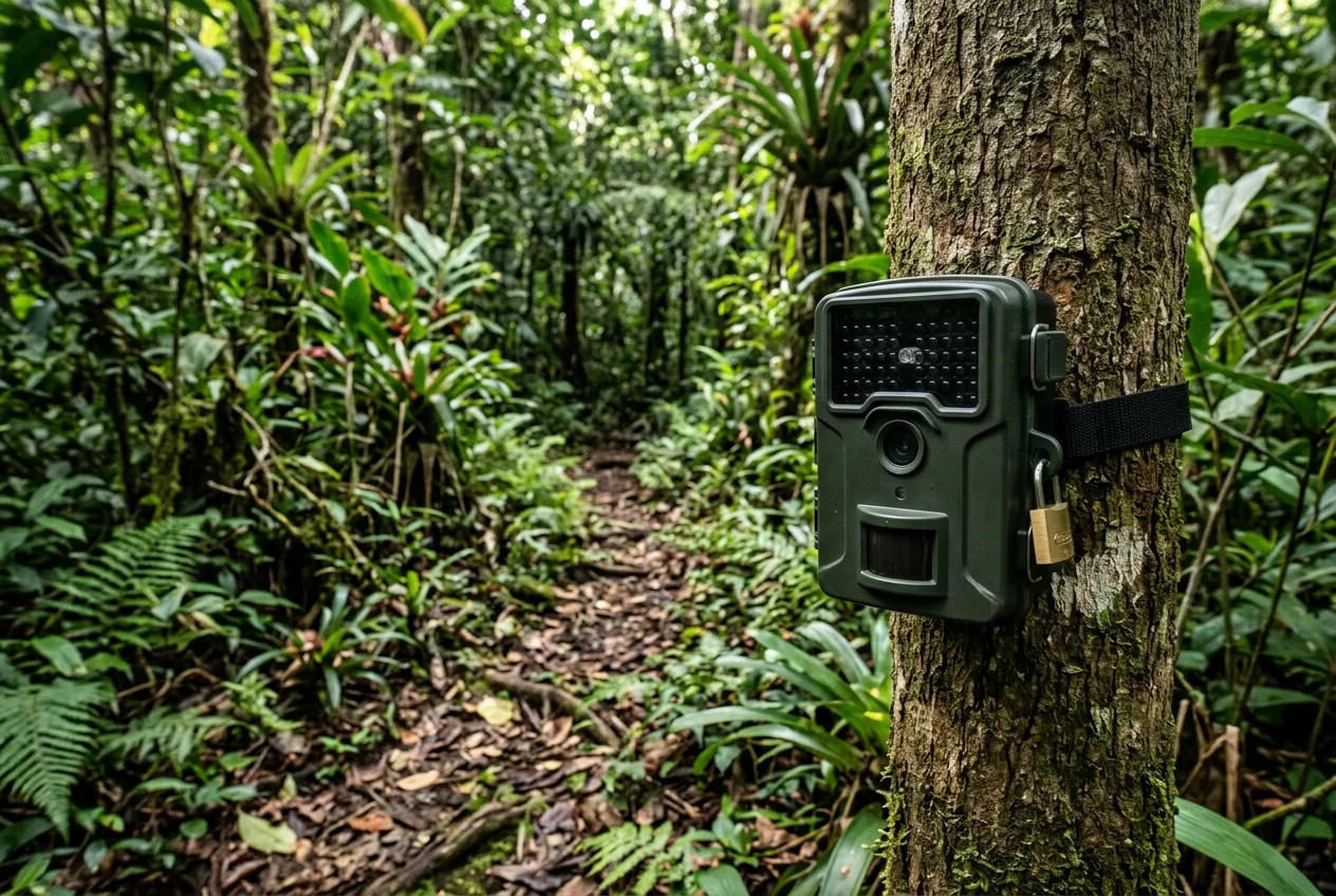 Câmera de fauna instalada a 40 centímetros do solo, voltada para uma trilha estreita de floresta usada por mesomamíferos