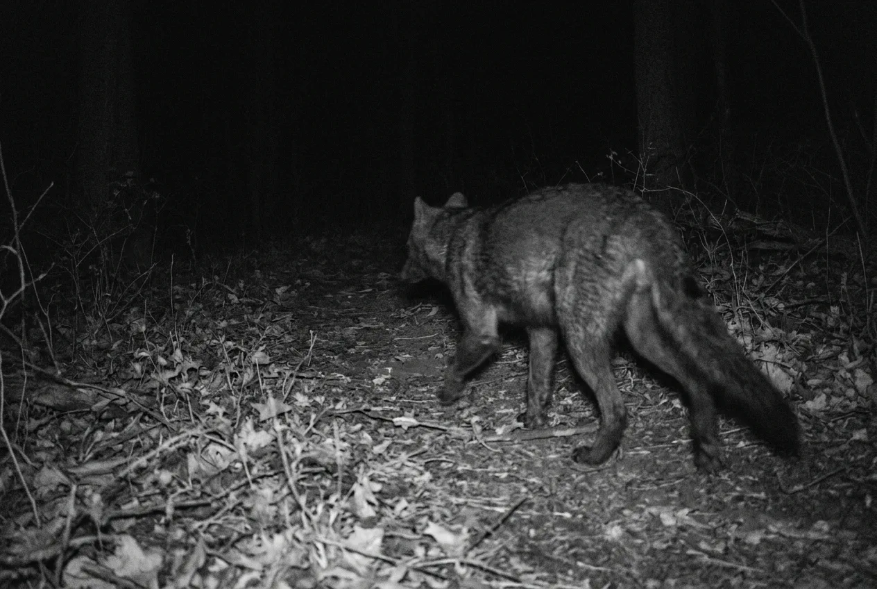 Um quadro noturno em infravermelho, granulado, de um animal difícil de identificar