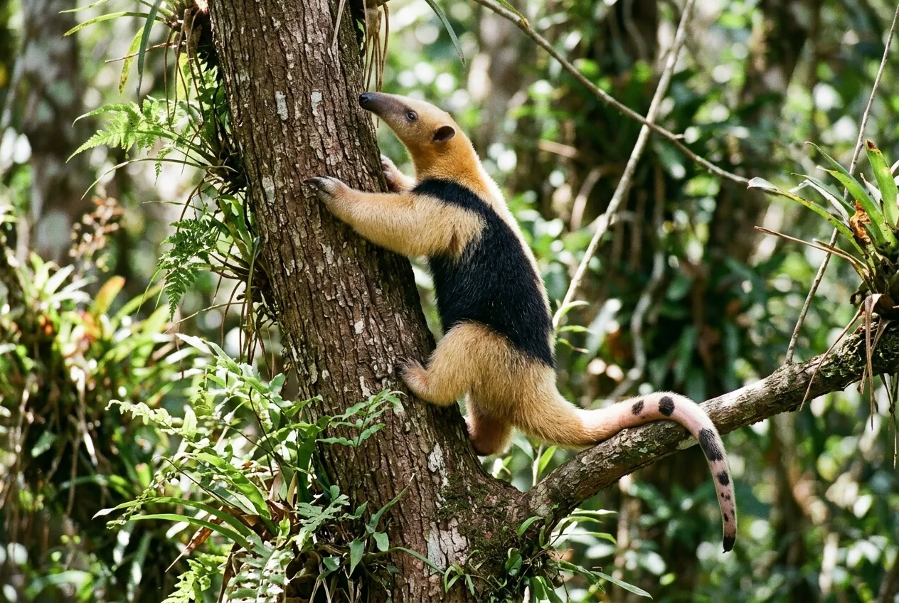 Um tamanduá-mirim de porte médio, com colete preto sobre pelagem amarela, sobe em um tronco usando a cauda preênsil para se segurar