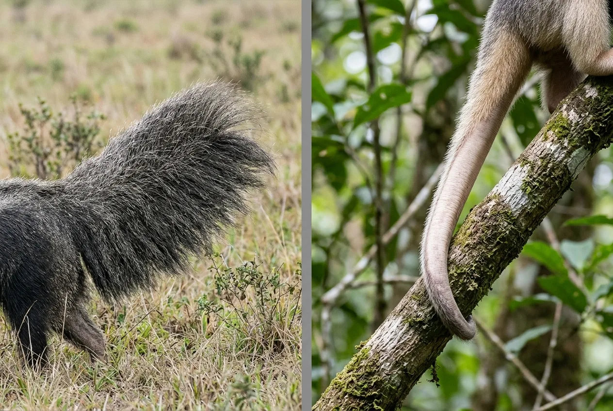 Comparação lado a lado da cauda dos dois tamanduás: a cauda peluda e volumosa do bandeira contra a cauda fina e preênsil do mirim agarrada a um galho