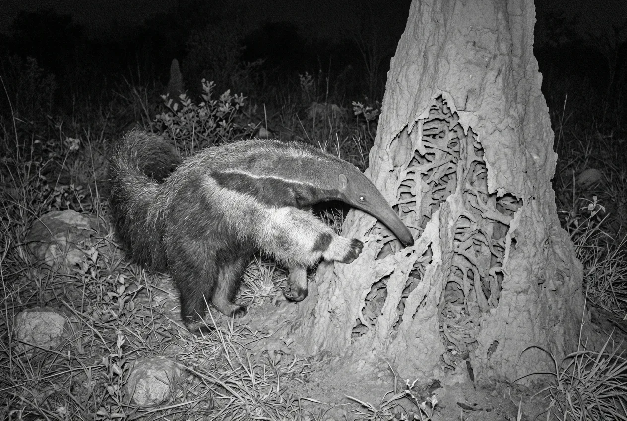 Câmera de fauna capturando um tamanduá-bandeira grande cruzando um cupinzeiro rasgado por garras, à noite, em infravermelho