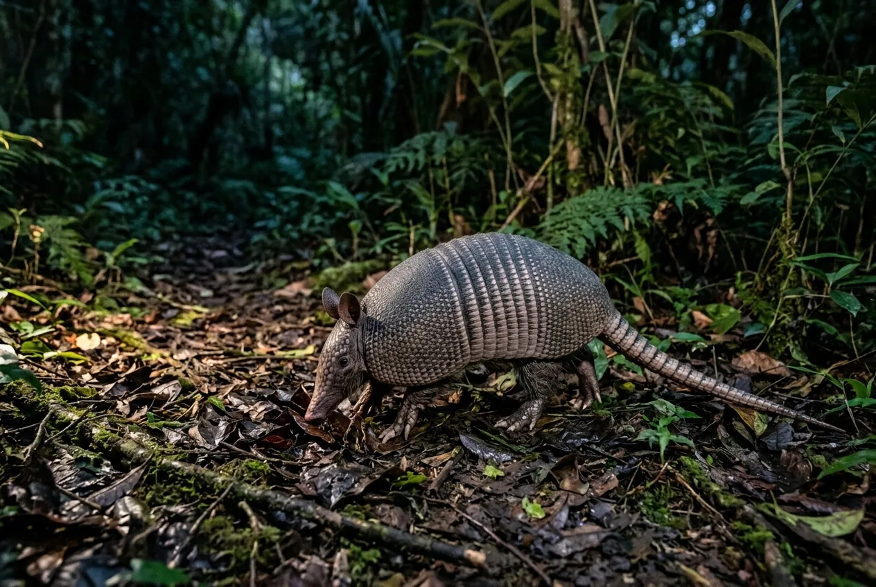 Um tatu-galinha de porte médio forrageando à noite entre as folhas caídas de uma trilha na Mata Atlântica
