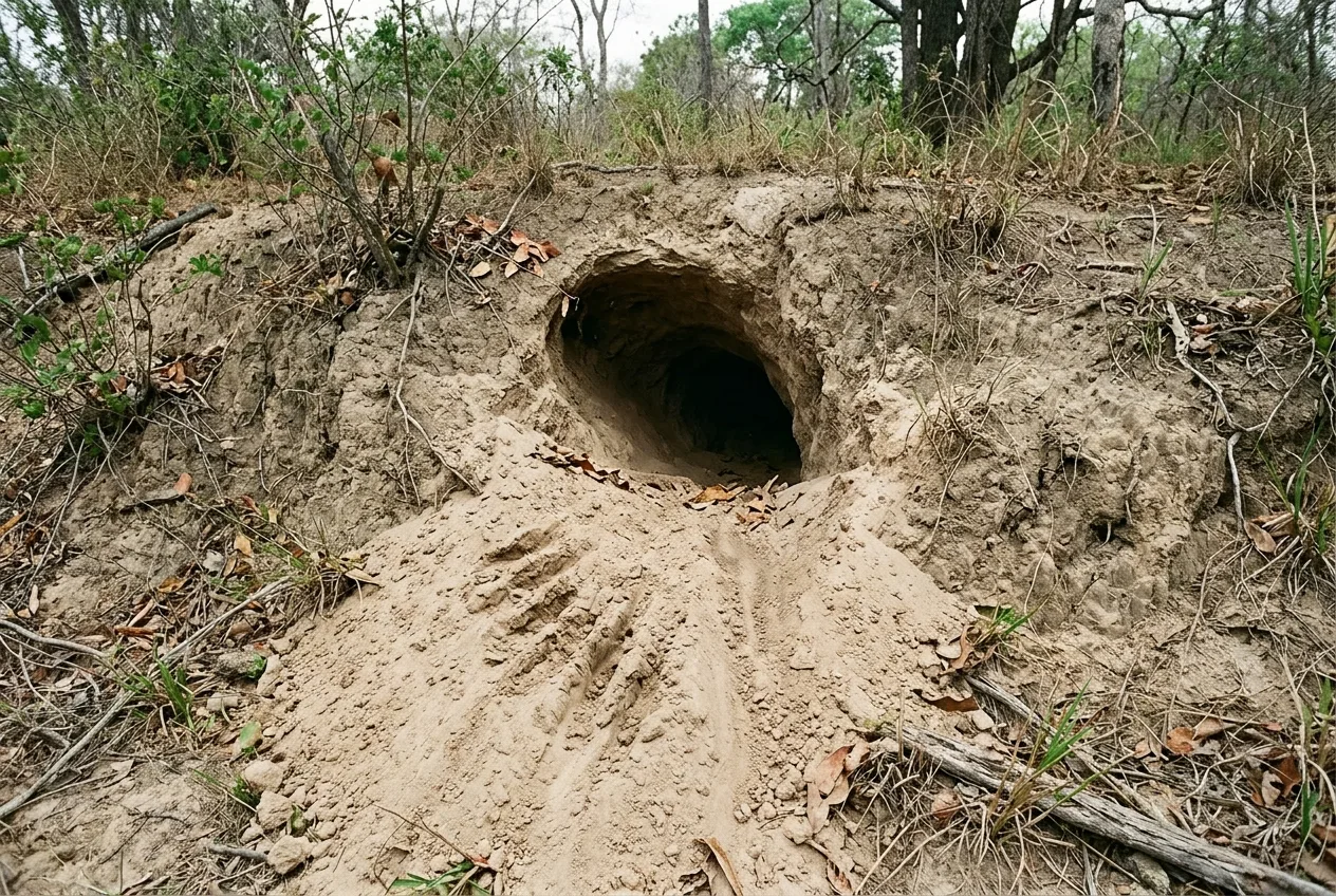 Entrada de uma toca de tatu-canastra com mais de 30 centímetros de largura, muito maior que buracos de outros tatus