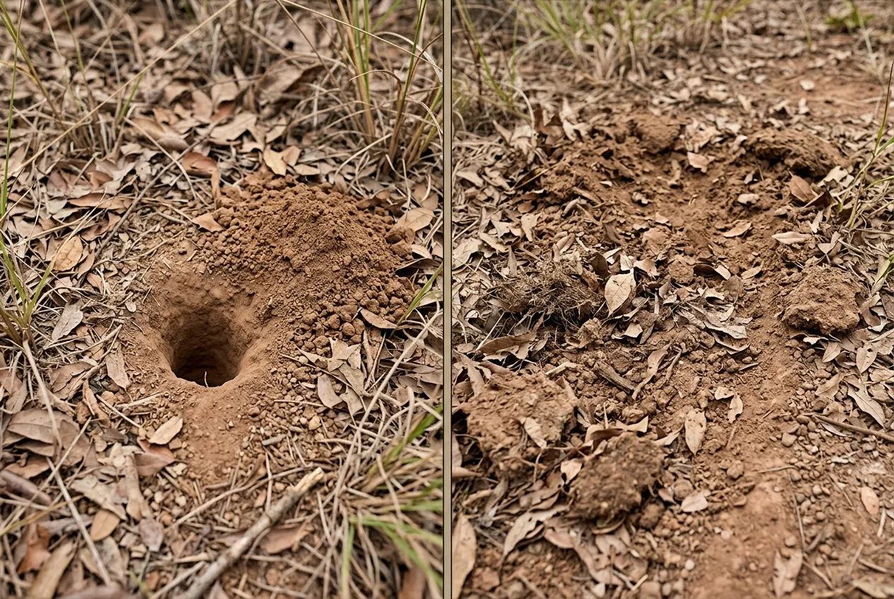Comparação lado a lado entre a escavação cônica de forrageio de um tatu e o revolvimento largo e raso deixado por um javali