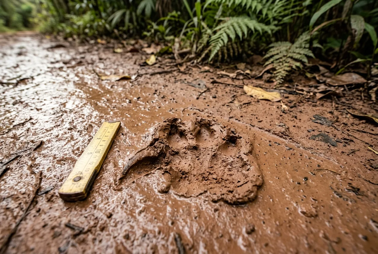 Pegada de tatu-canastra na lama, com apenas duas marcas na pata dianteira e o risco da garra fora do eixo