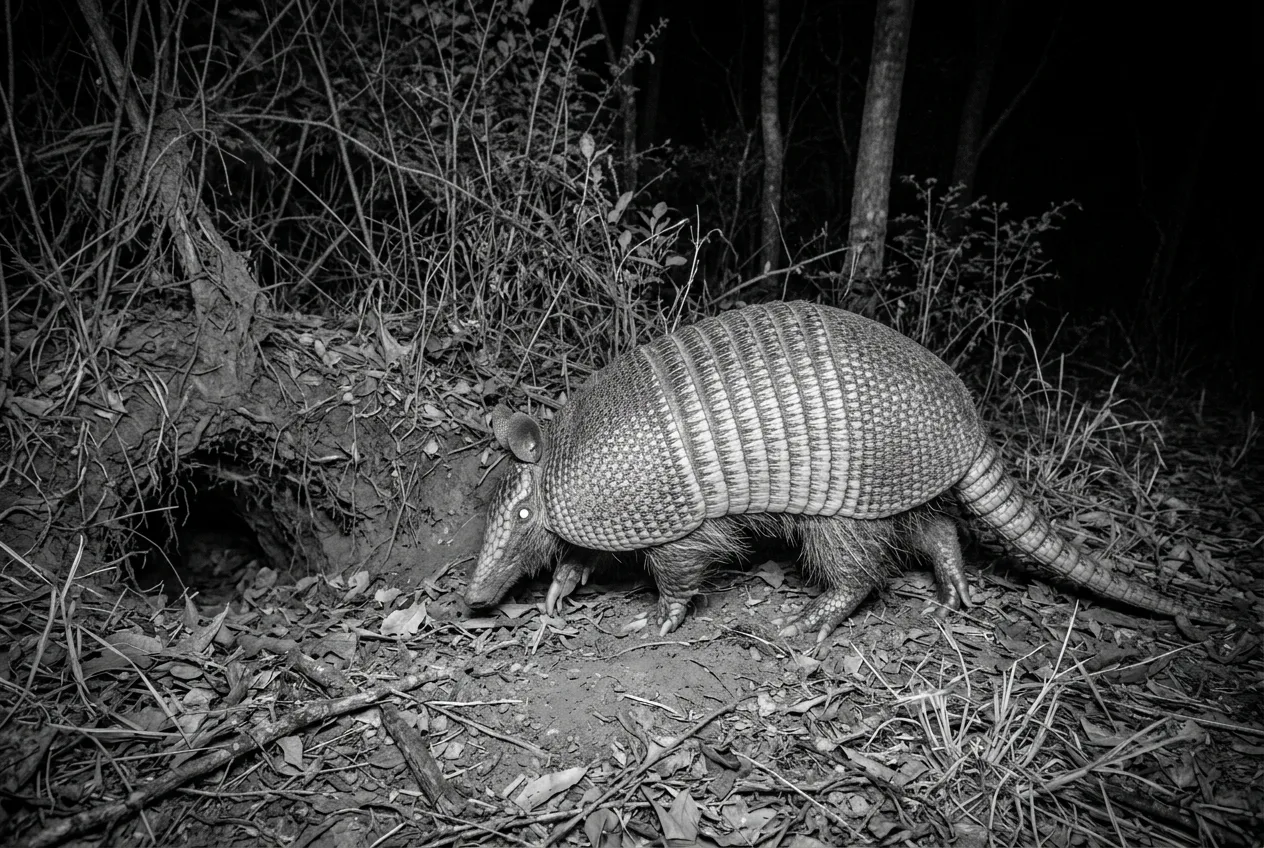 Um tatu capturado por câmera de fauna à noite, olhos brilhando no infravermelho, próximo à entrada de uma toca