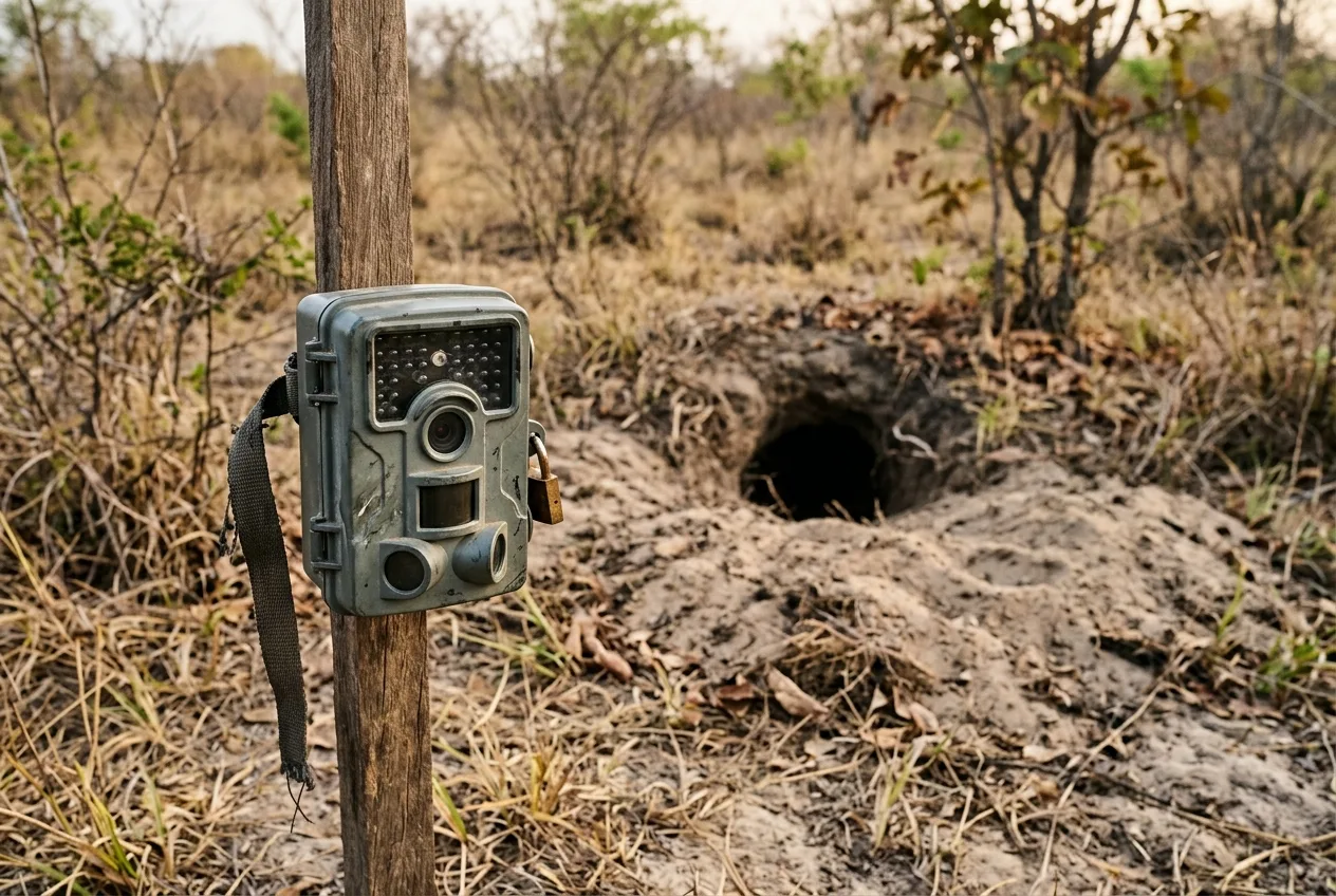 Câmera de fauna instalada de lado, a poucos metros da entrada de uma toca de tatu-canastra, pronta para monitorar