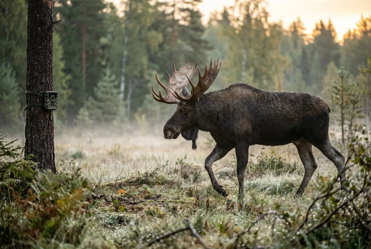 En brunsttjur med stor krona passerar förbi en viltkamera i gryningsljus över daggvått gräs