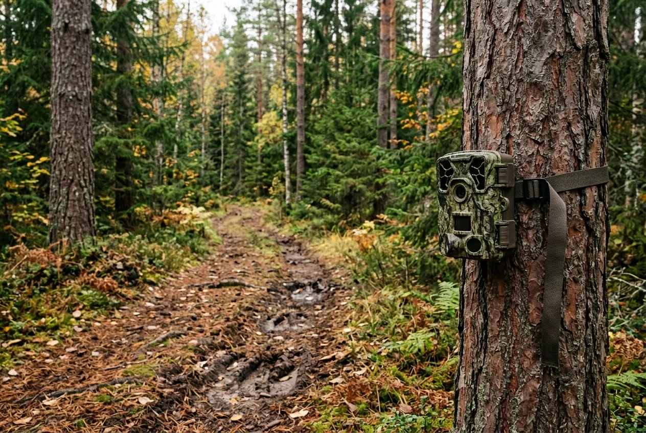 En viltkamera monterad i lämplig höjd på en tallstam, riktad längs ett tydligt älgstråk i barrskog
