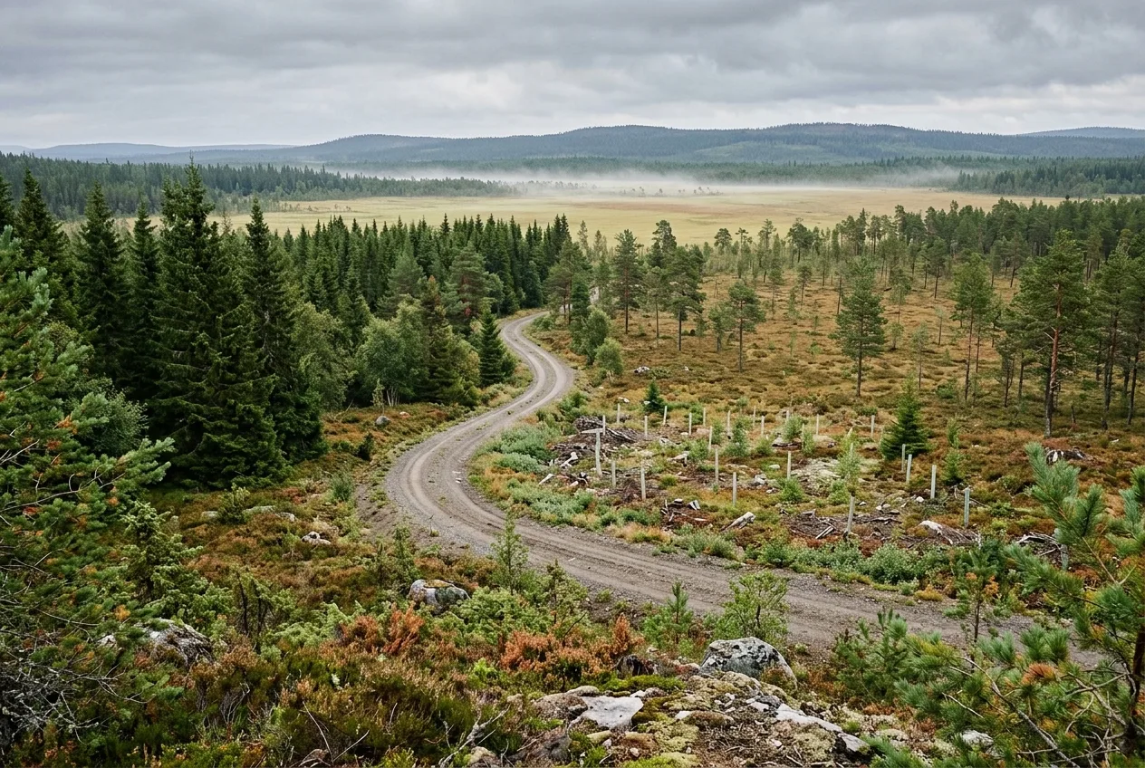 Ett vidsträckt skandinaviskt barrskogslandskap med myr och tallhed sett över en låg ås