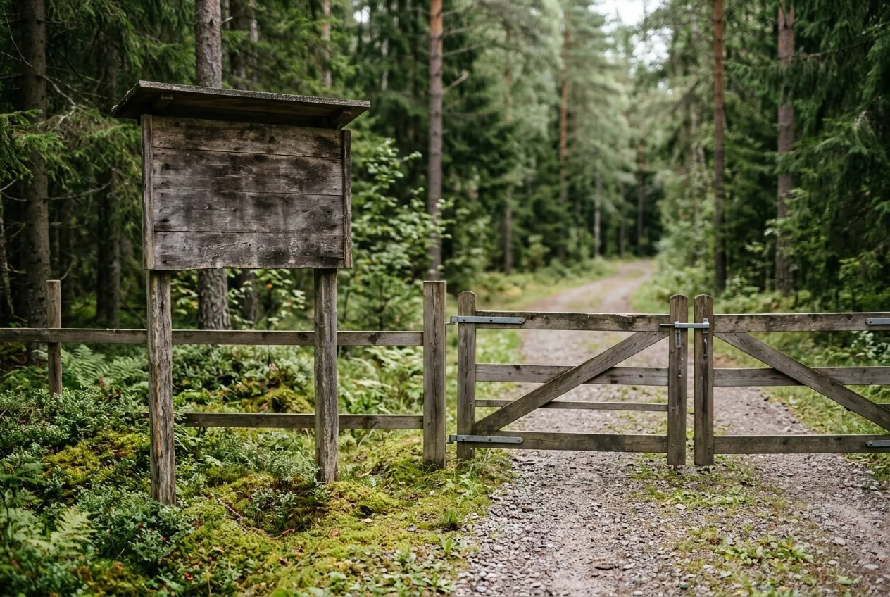 En informationstavla vid en grind där en grusväg leder in i ett svenskt naturreservat, omgiven av barrskog