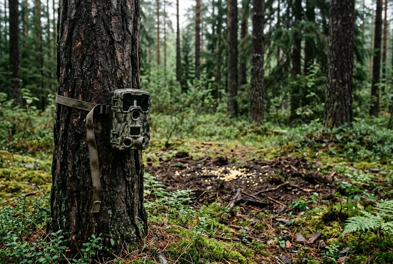 En åtelkamera fastsurrad i en grov tallstam, riktad mot en foderplats med utspridd majs i en svensk skog