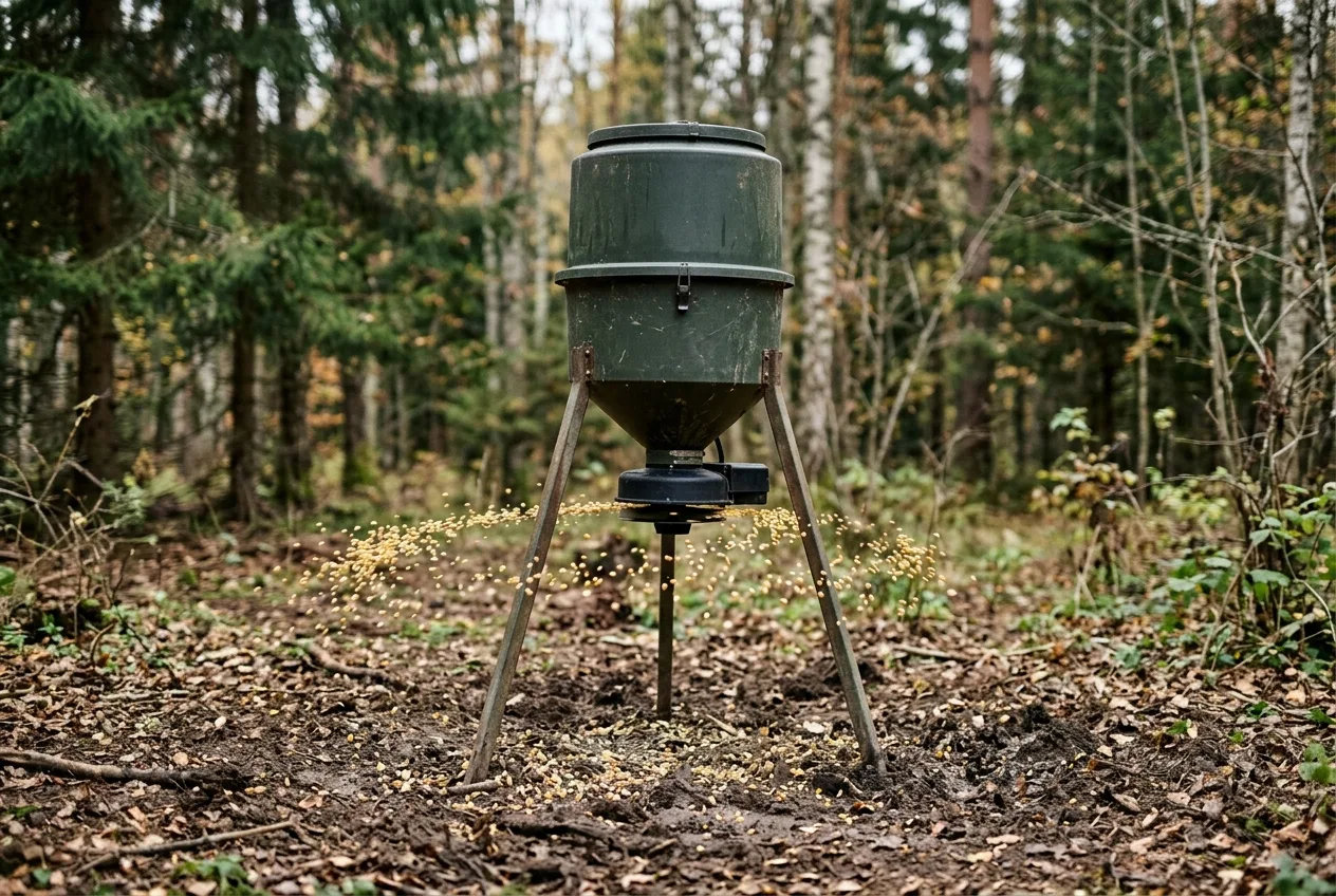 En foderautomat med spridare på ett stativ vid en vildsvinsåtel, som sprider majs över marken i skogen