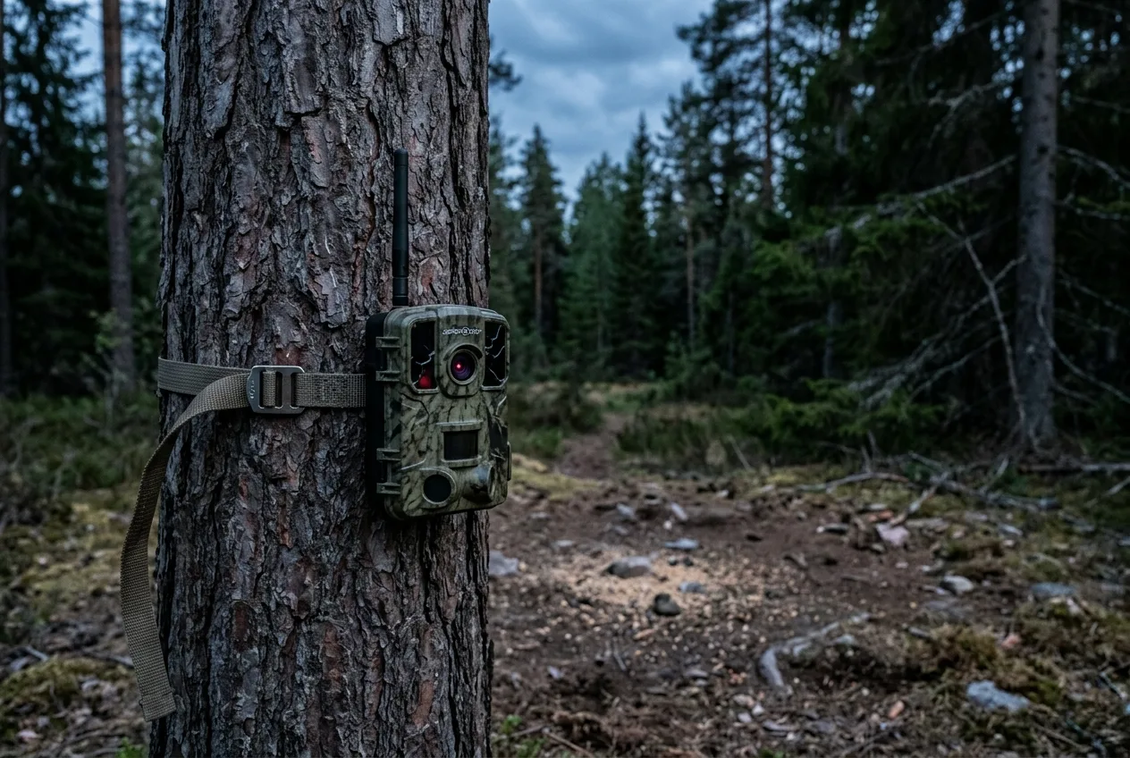 En sändande åtelkamera med kort antenn fastsurrad i en tallstam, riktad ut över en liten åtelplats i en svensk skog.