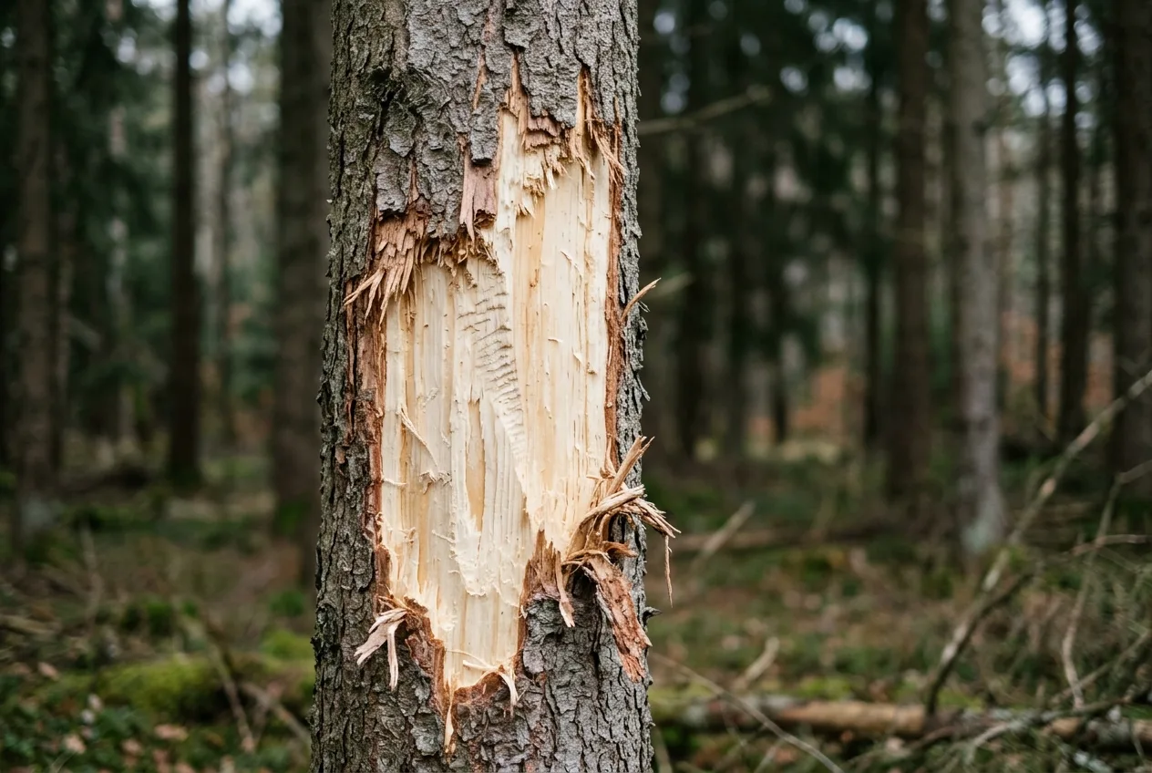 Barkgnag på en medelålders gran: barken är skalad och flängd så att den blottade veden syns, typiskt för kronhjort.