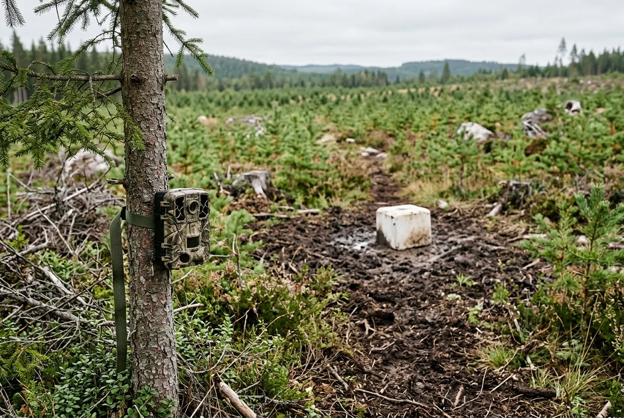 Ett kamouflerat viltkamera sitter i knähöjd på en stam vid en viltväxel i kanten av ett hygge och dokumenterar klövvilt.