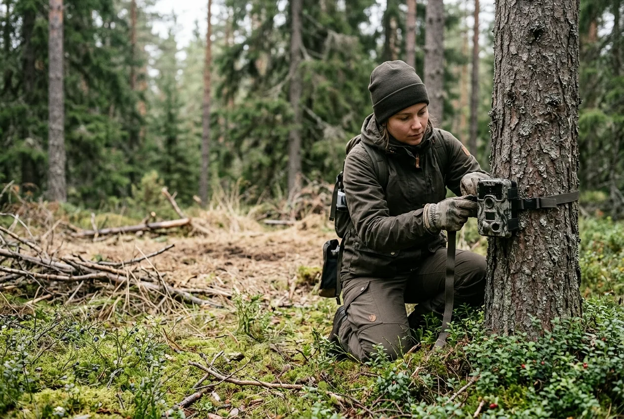 En jägare fäster en viltkamera i ett träd vänd mot en åtelplats i svensk skog en mulen morgon