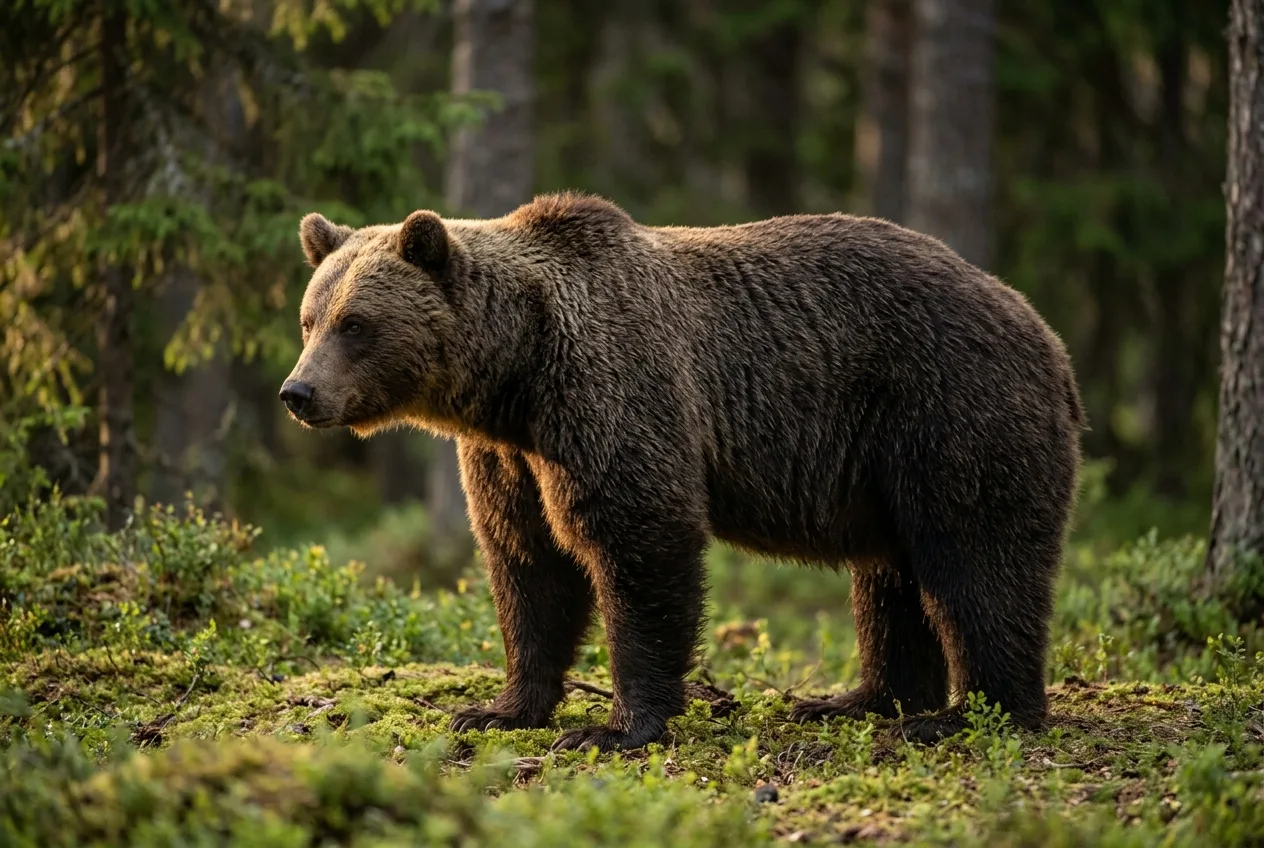 Närbild på en brunbjörns kraftiga framparti och tydliga skulderpuckel i svensk skog i lågt ljus
