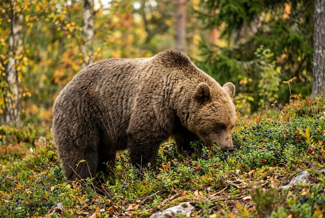 En brunbjörn som äter blåbär intensivt på en skogssluttning under höstens hyperfagi i svensk natur